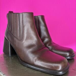 Glacee Brown Leather Square Toe Block Heel Chelsea Boot Sz 6